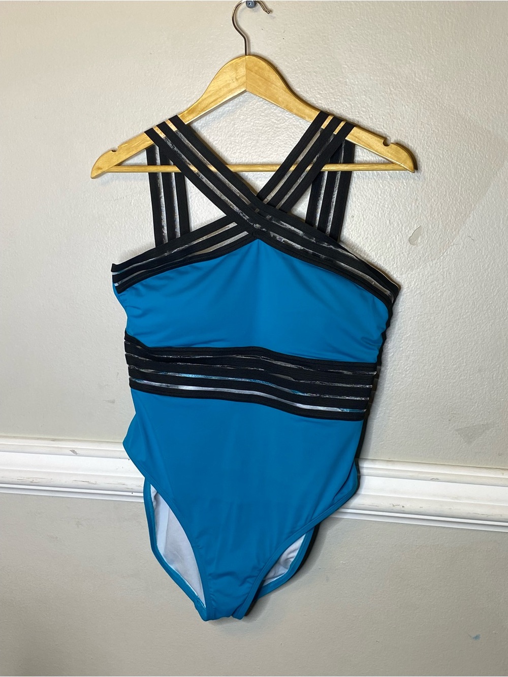 Teal One-Piece Swimsuit with Black Strappy Banding